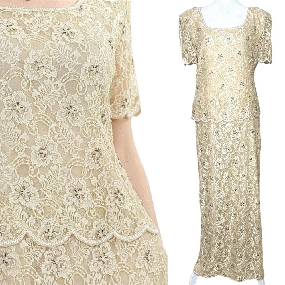 Vintage Stenay M Champagne Beaded Lace Formal Maxi Gown Wedding Mother of Bride